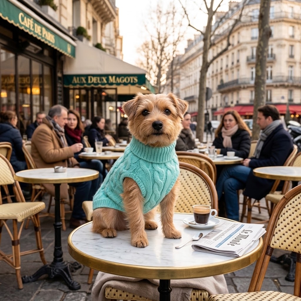 Perro pequeño con jersey verde menta sentado en una mesa de cafetería en París