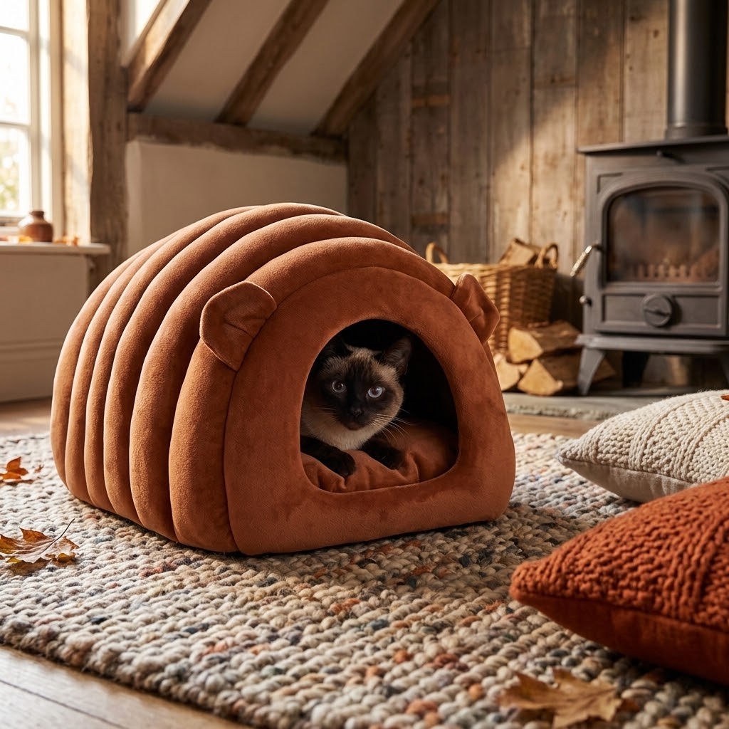 Cama cueva para perros y gatos sobre alfombra de lana en otoño