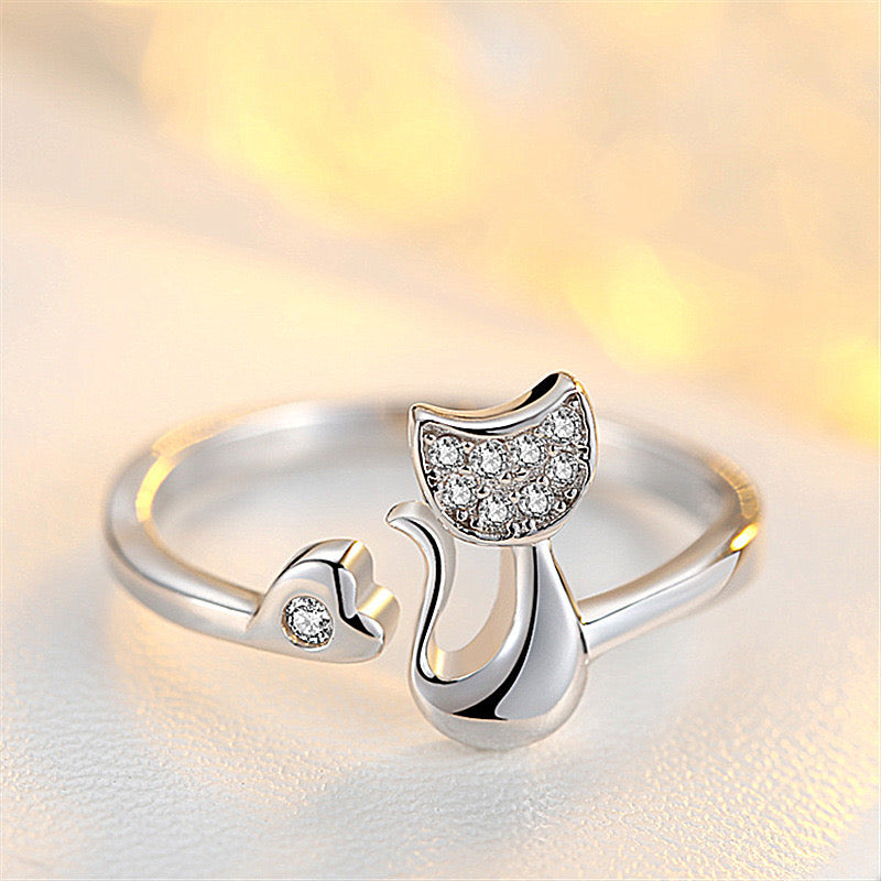 Anillo de gato con corazón en plata 925 - Pawsome Pets New York