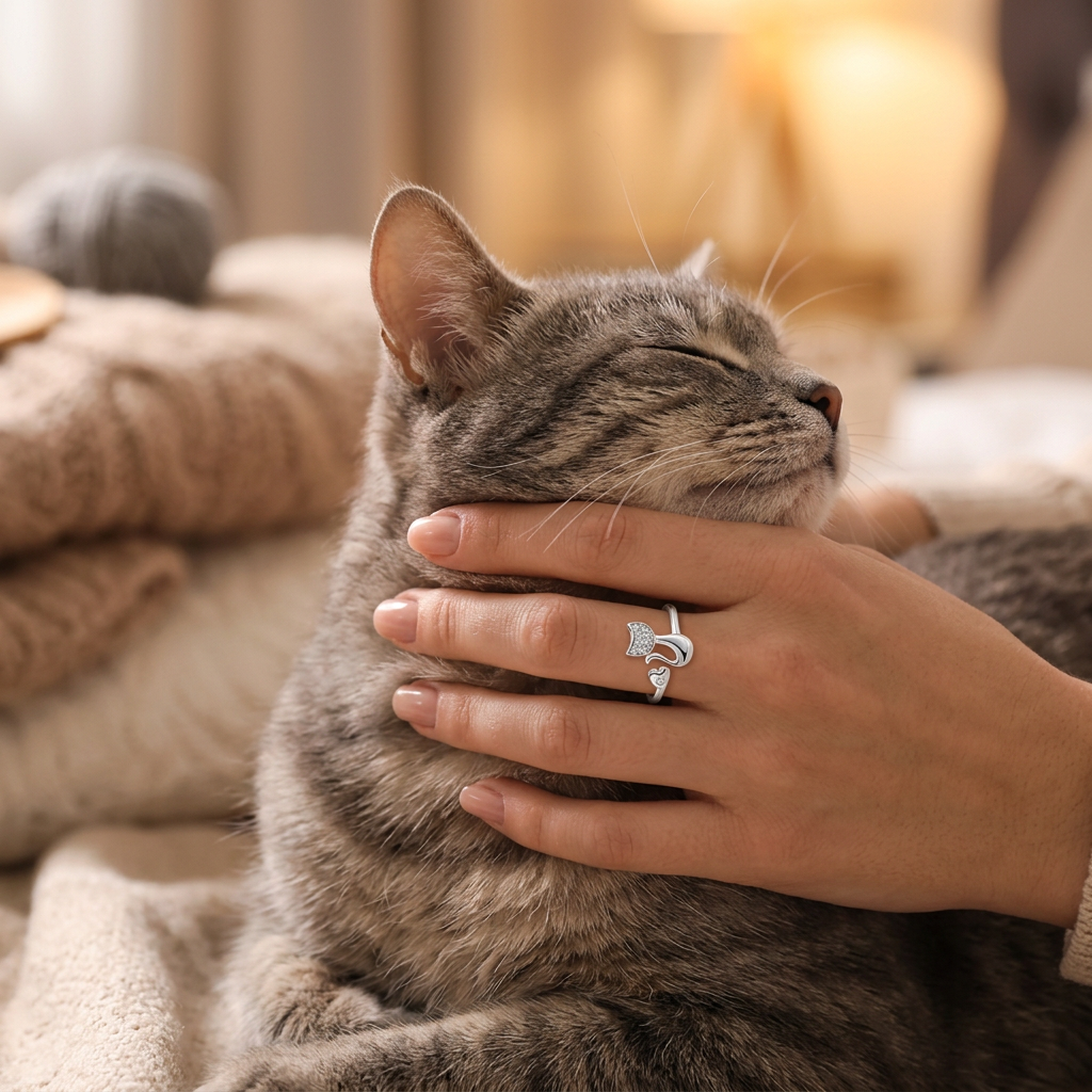 Anillo de gato con corazón en plata 925 - Pawsome Pets New York