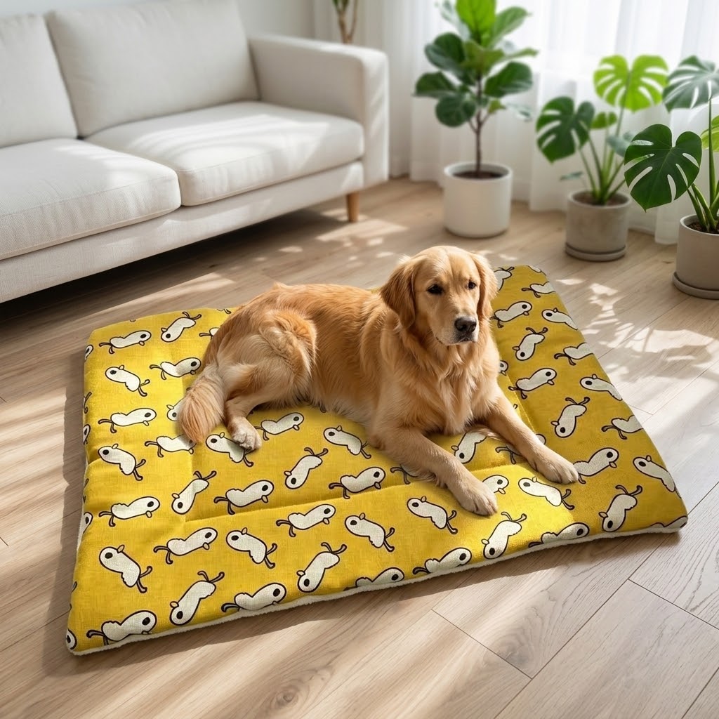Colchoneta lavable para mascotas sobre suelo de madera junto a sofá blanco