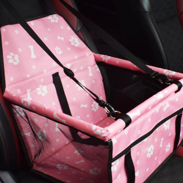 Asiento de coche plegable tipo bolsa con malla para perros y gatos – Rosa con huellas