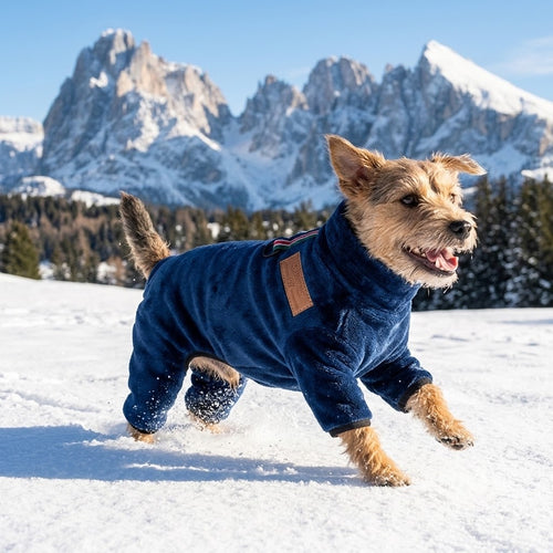 Perro con abrigo azul marino de cuatro patas corriendo por la nieve en la montaña
