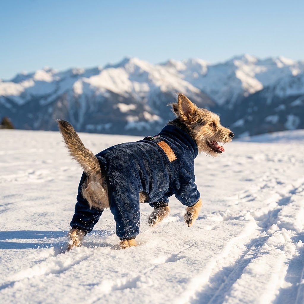Perro pequeño con abrigo de cuerpo entero azul en un prado nevado con montañas