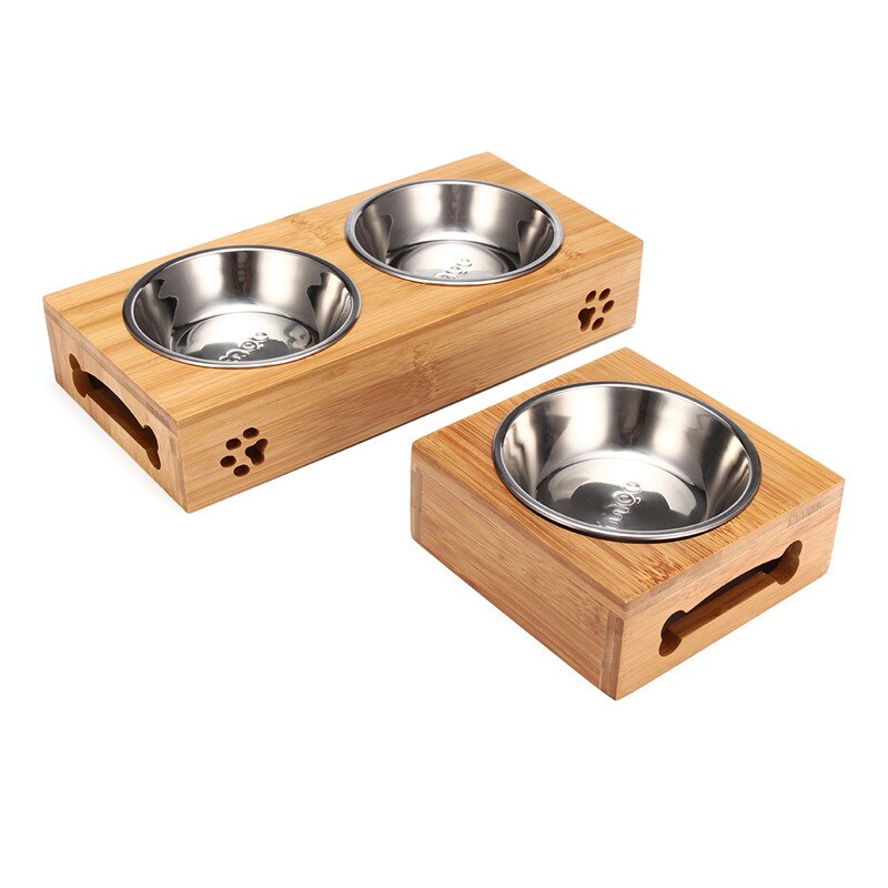 Comedero de acero inoxidable con soporte de bambú