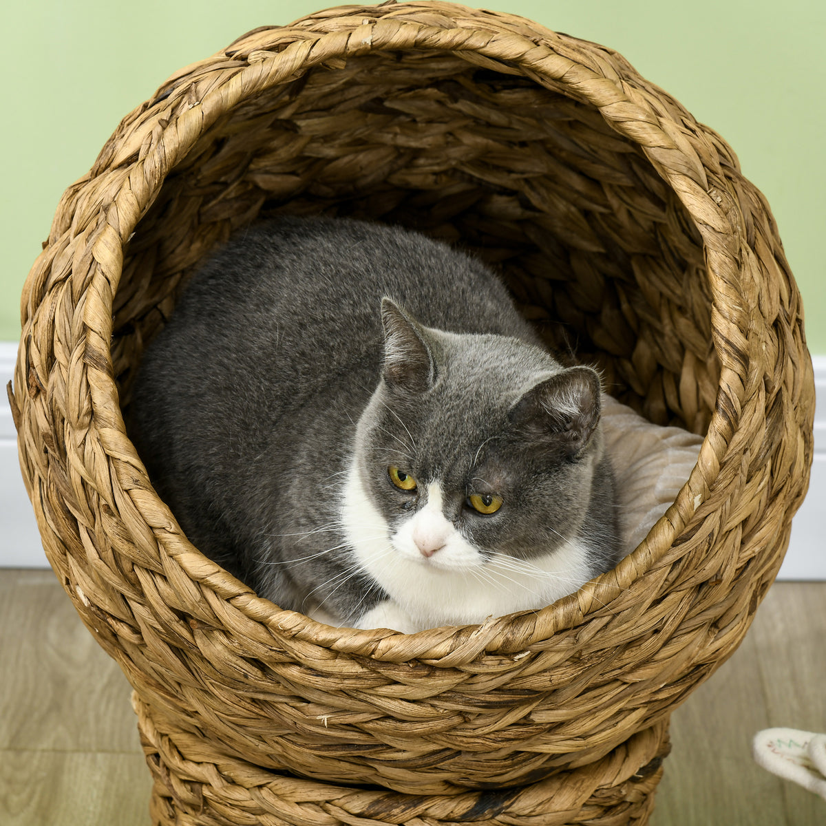 Cama cueva de fibra trenzada para gatos con cojín lavable, 40 x 37 x 51 cm