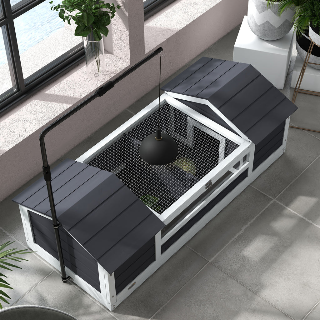 Casa para tortugas de tierra de exterior con 2 nidos, techo abatible y soporte de lámpara, madera maciza, 120x56,5x43 cm, gris-8