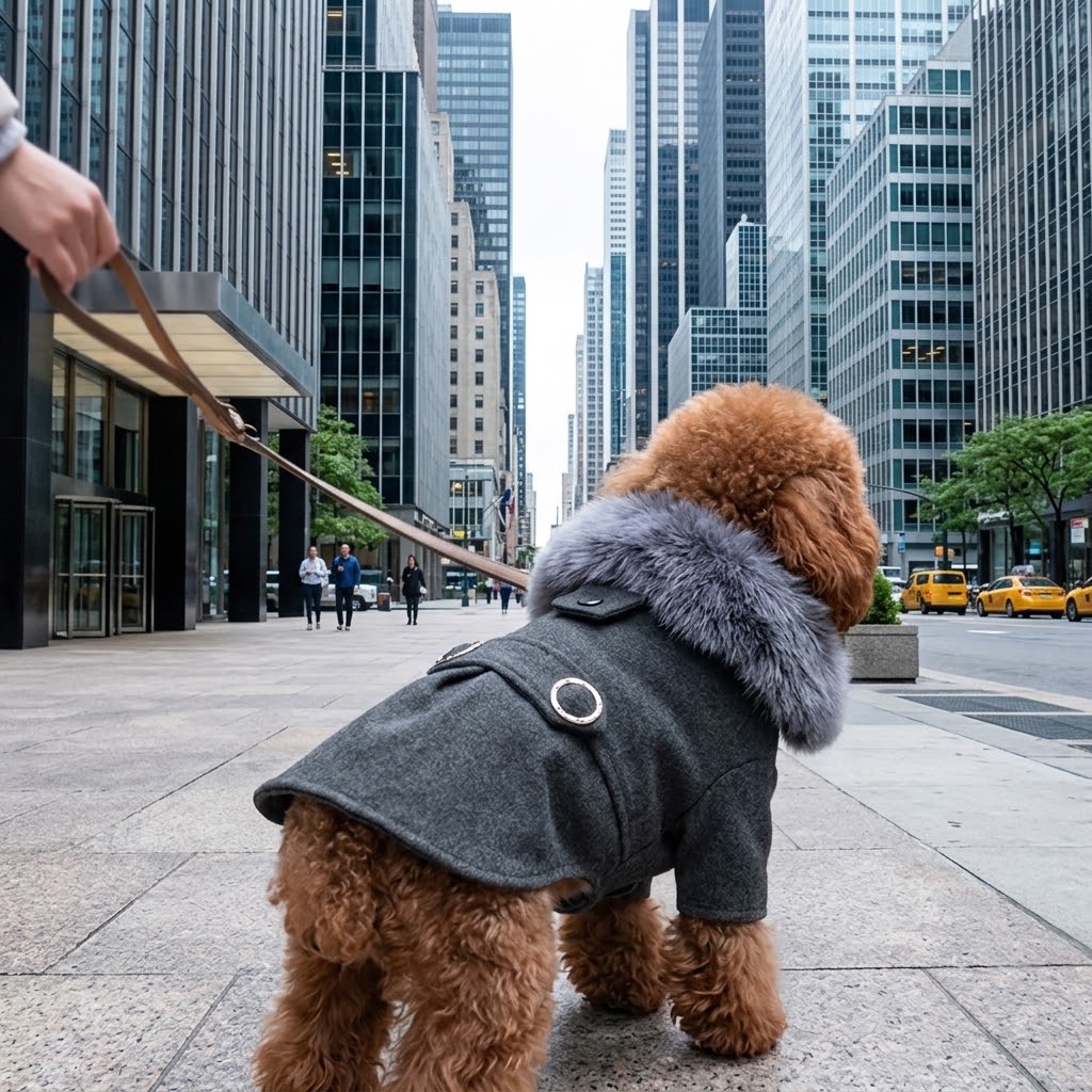 Caniche con abrigo gris de mezcla de lana y cuello de pelo paseando por la ciudad