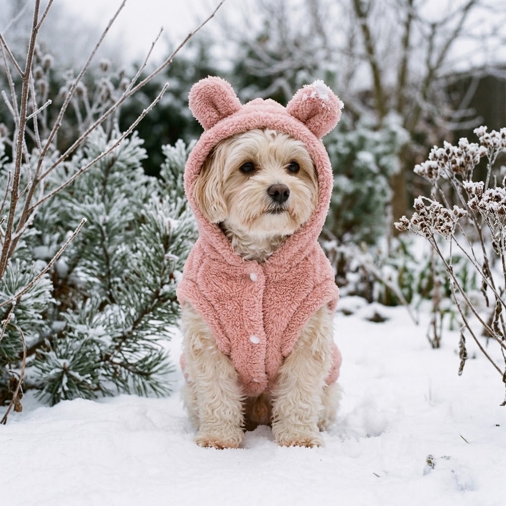 Perro pequeño con abrigo rosa de peluche con orejitas sentado en la nieve