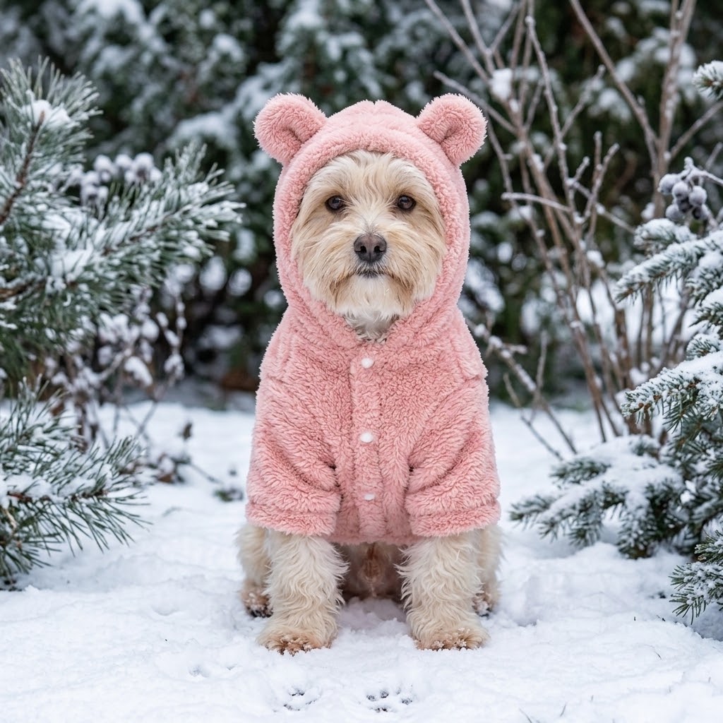 Perro con abrigo de invierno rosa con capucha en un jardín nevado