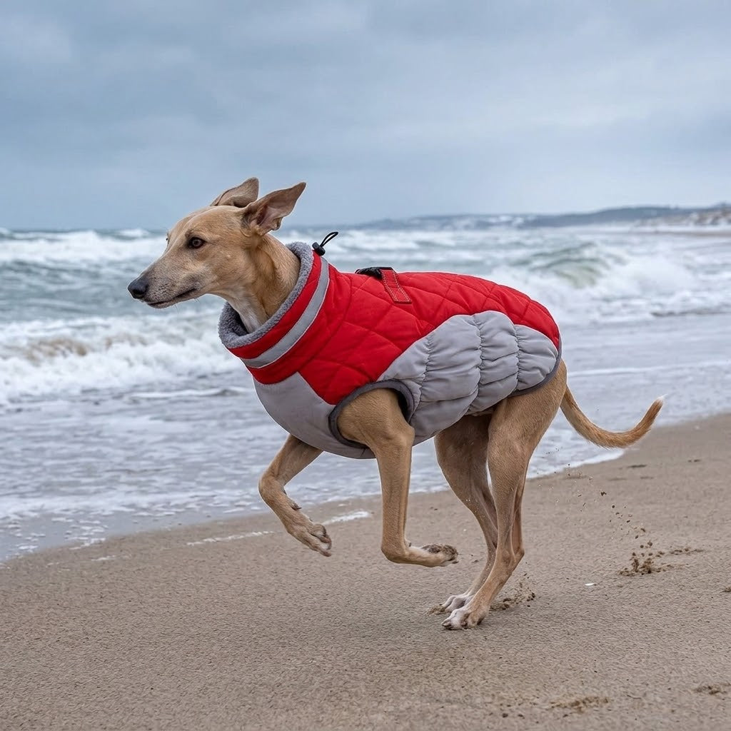 Galgo con abrigo cortavientos rojo y gris en la orilla del mar con olas