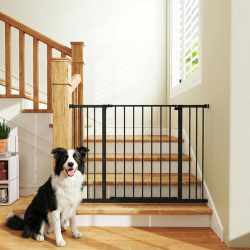 Barrière de Sécurité Chien Réglable 76-107 cm, avec 2 Rallonges (10/15 cm), Ouverture d'une Main, sans Perçage, Noir-1