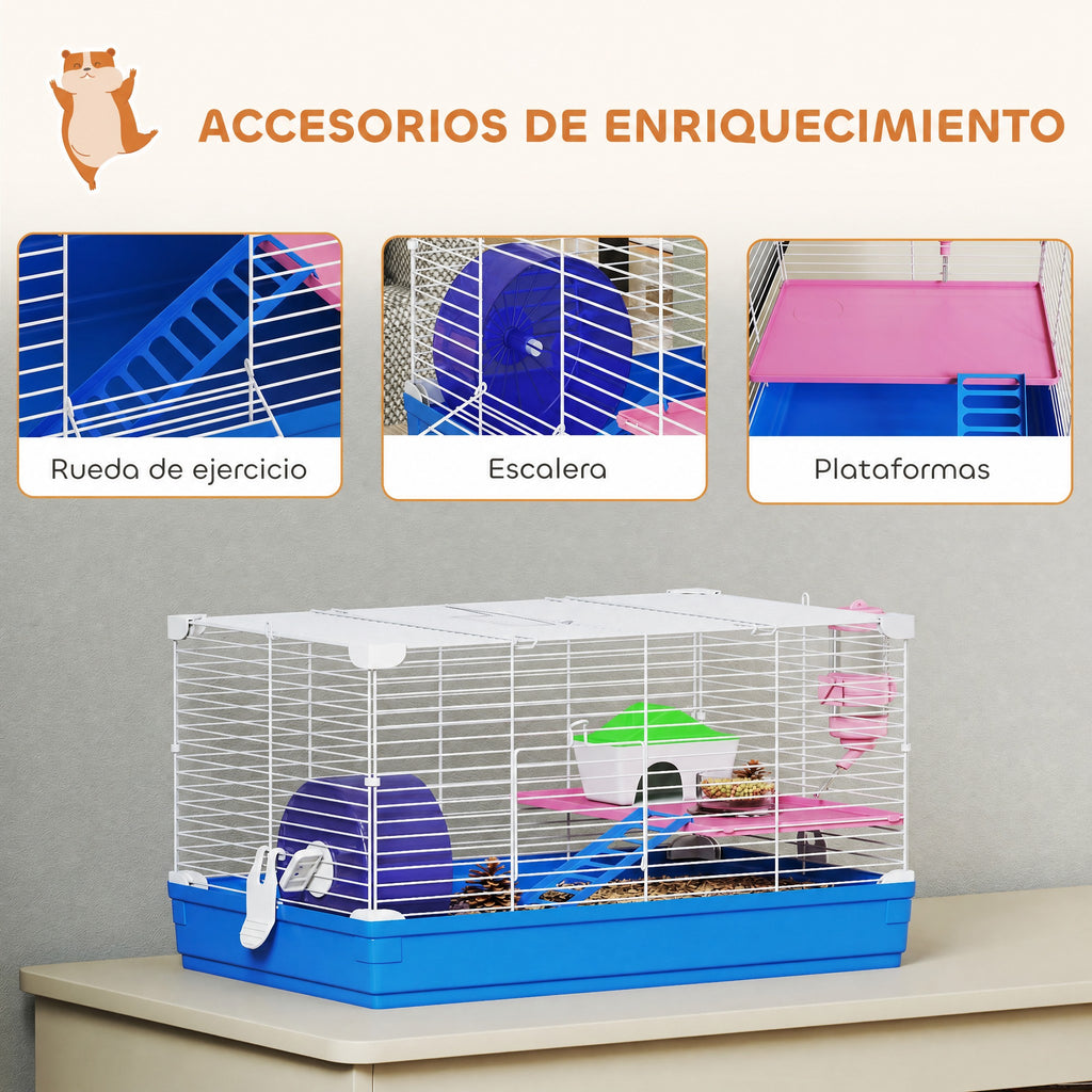 Jaula para hámster de 2 niveles con casita y rueda, 47 x 30 x 27 cm, azul