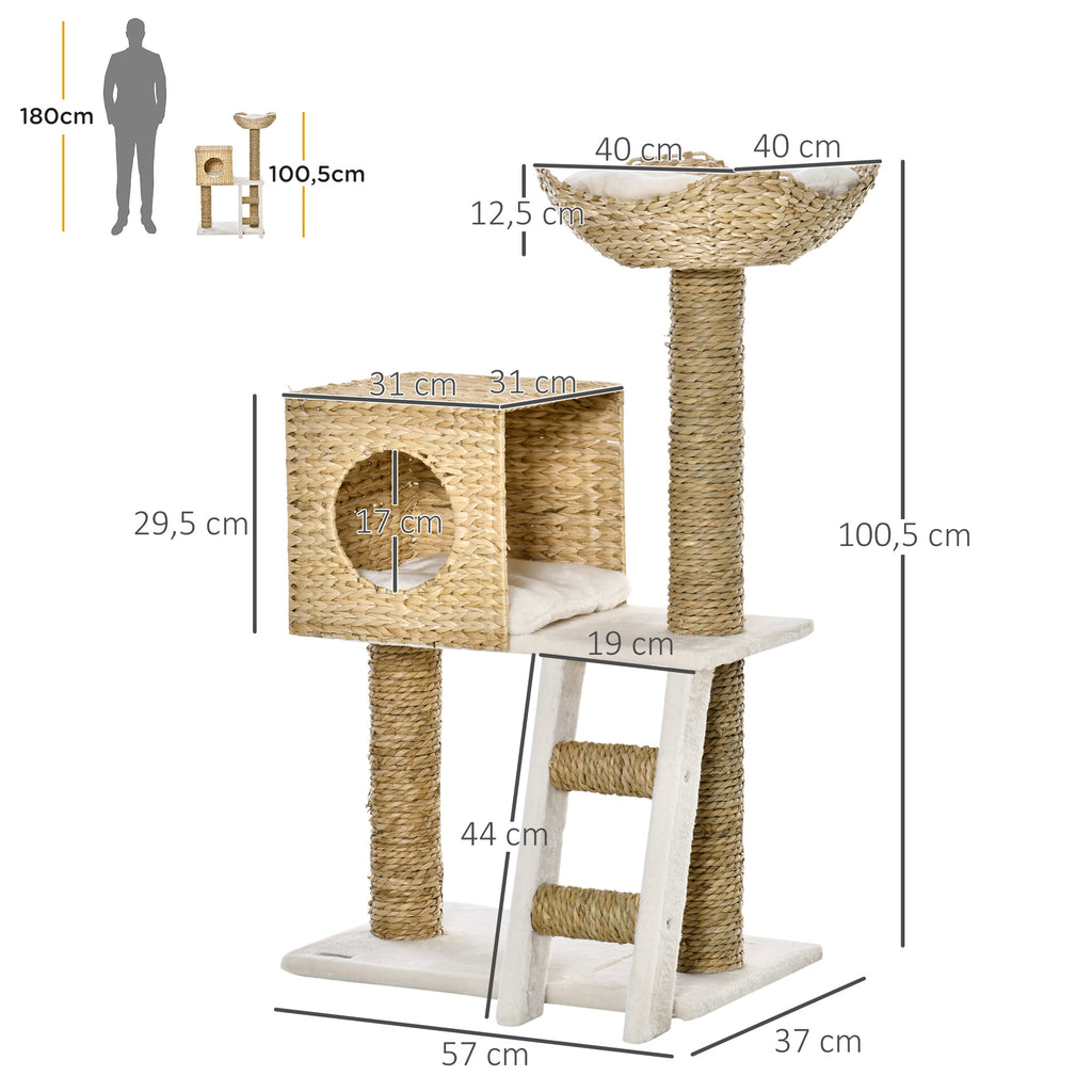 Árbol rascador de 100 cm con cueva de totora y cama para gatos