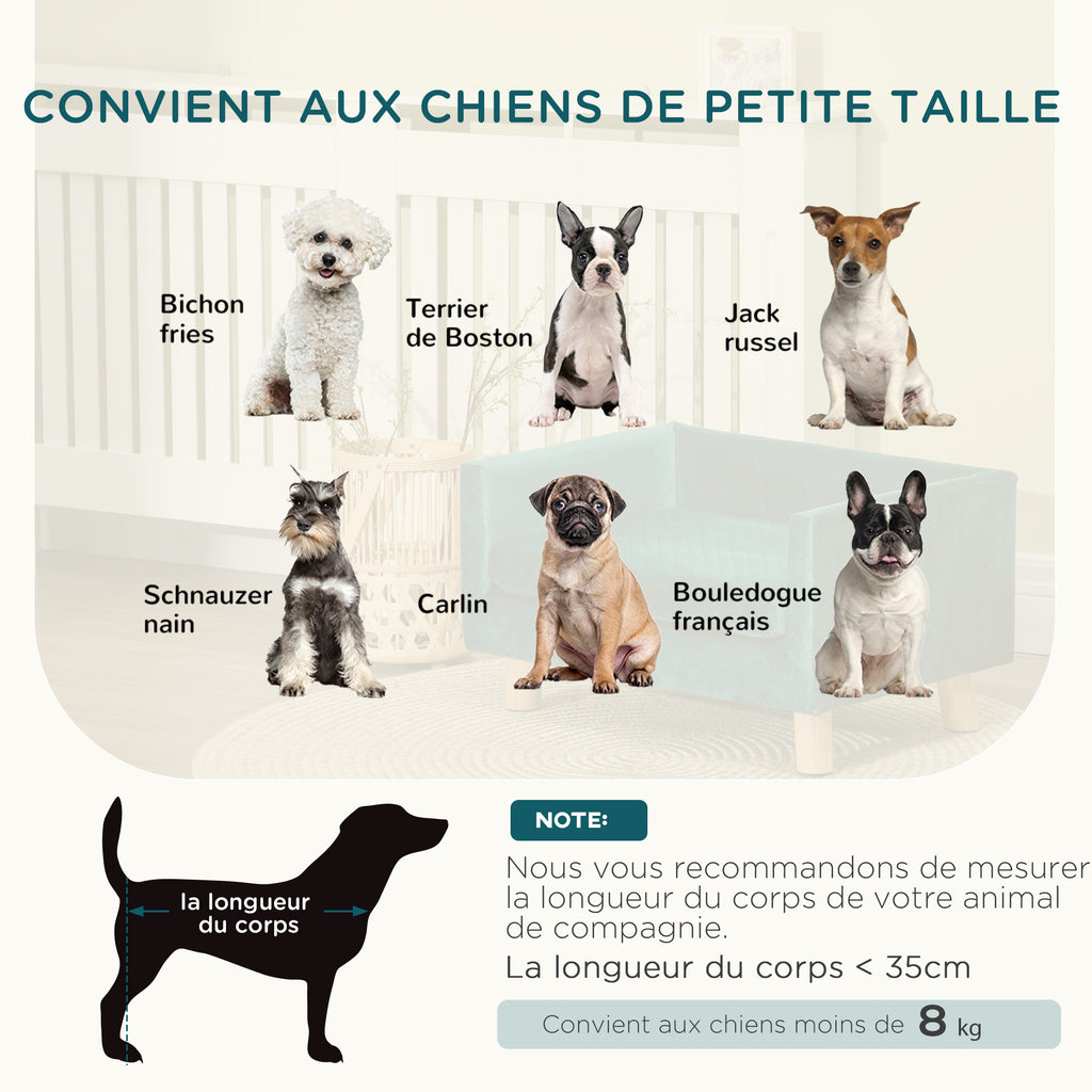 Sofá de terciopelo para perros pequeños con patas de madera, azul verdoso