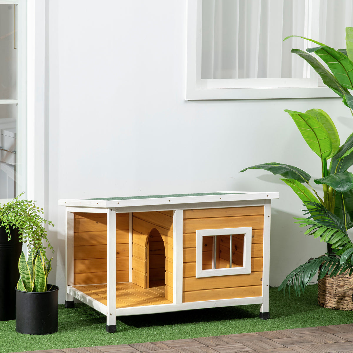 Caseta de madera con porche para perros pequeños hasta 8 kg, 85,5x62x60 cm
