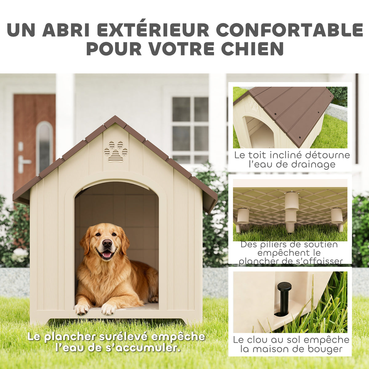 Caseta de plástico beige para perros grandes hasta 30 kg, 88x79x89 cm
