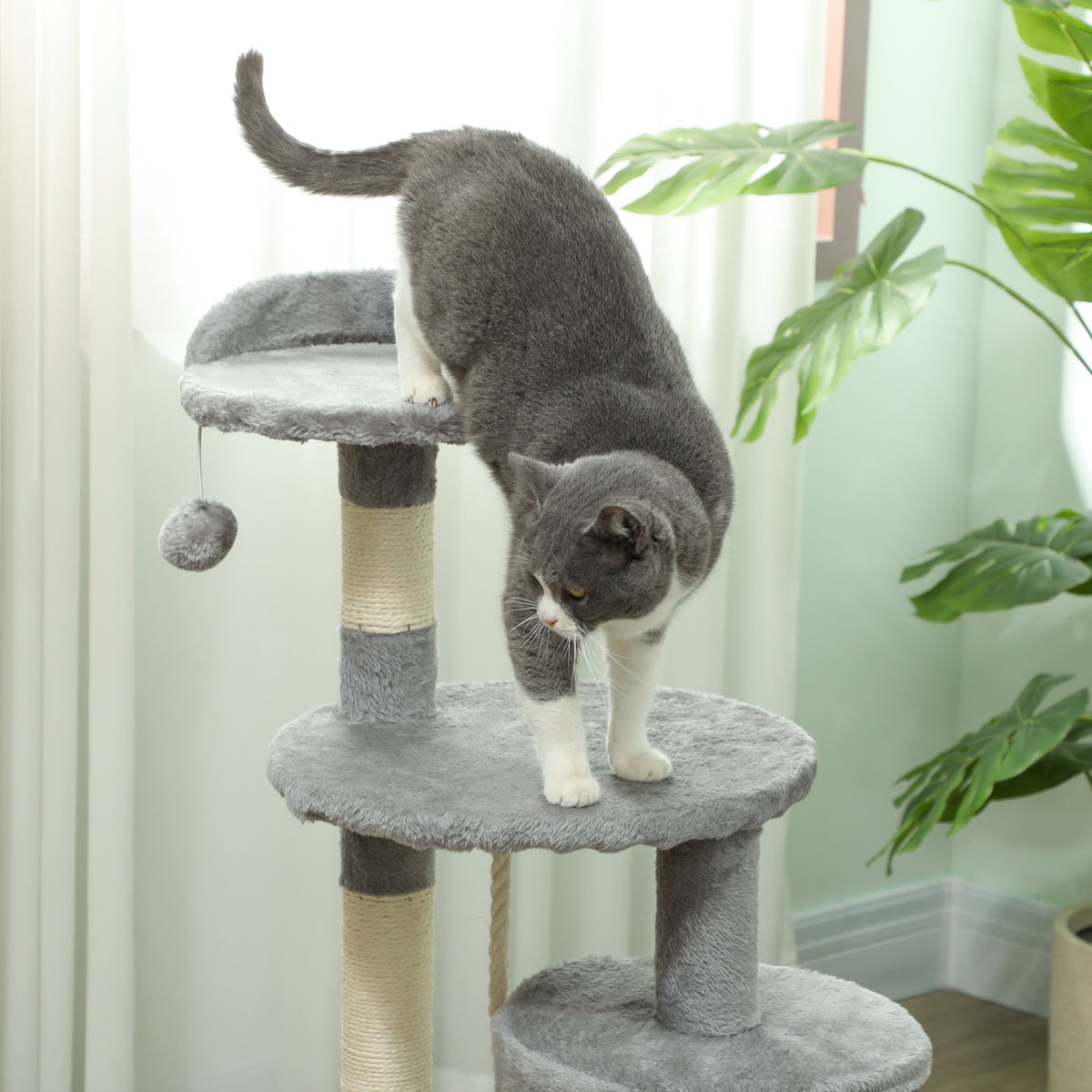 Árbol rascador para gatos con plataformas y caseta gris, foto 5 de 9