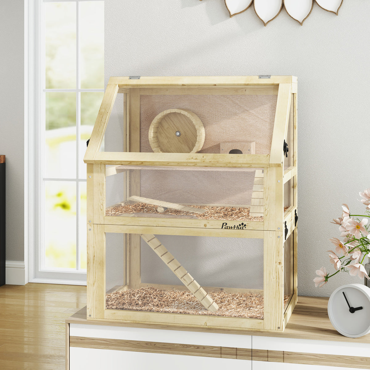 Jaula de madera para hámster de 3 niveles con accesorios