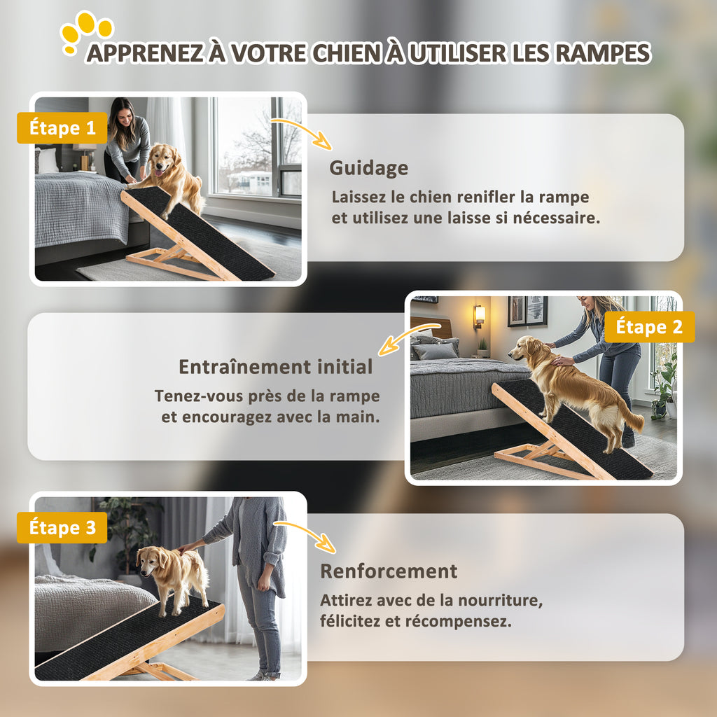 Rampa plegable de madera para perros y gatos, altura regulable 26-61 cm