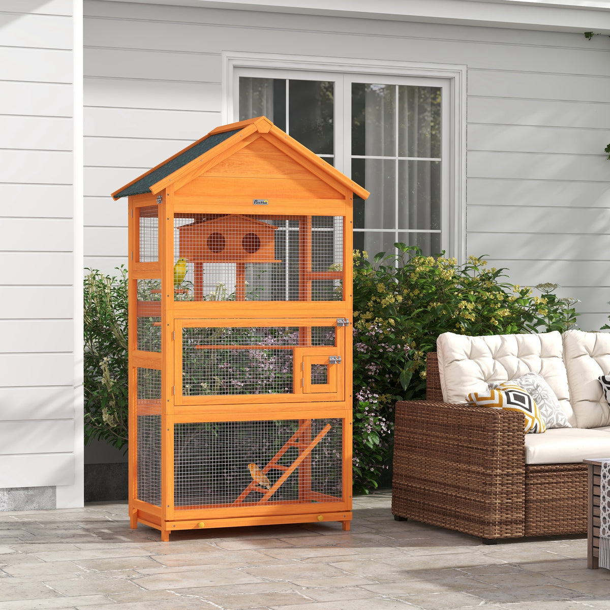 Jaula de madera para pájaros con zona de juegos y techo impermeable, 92x52x171 cm, naranja-1