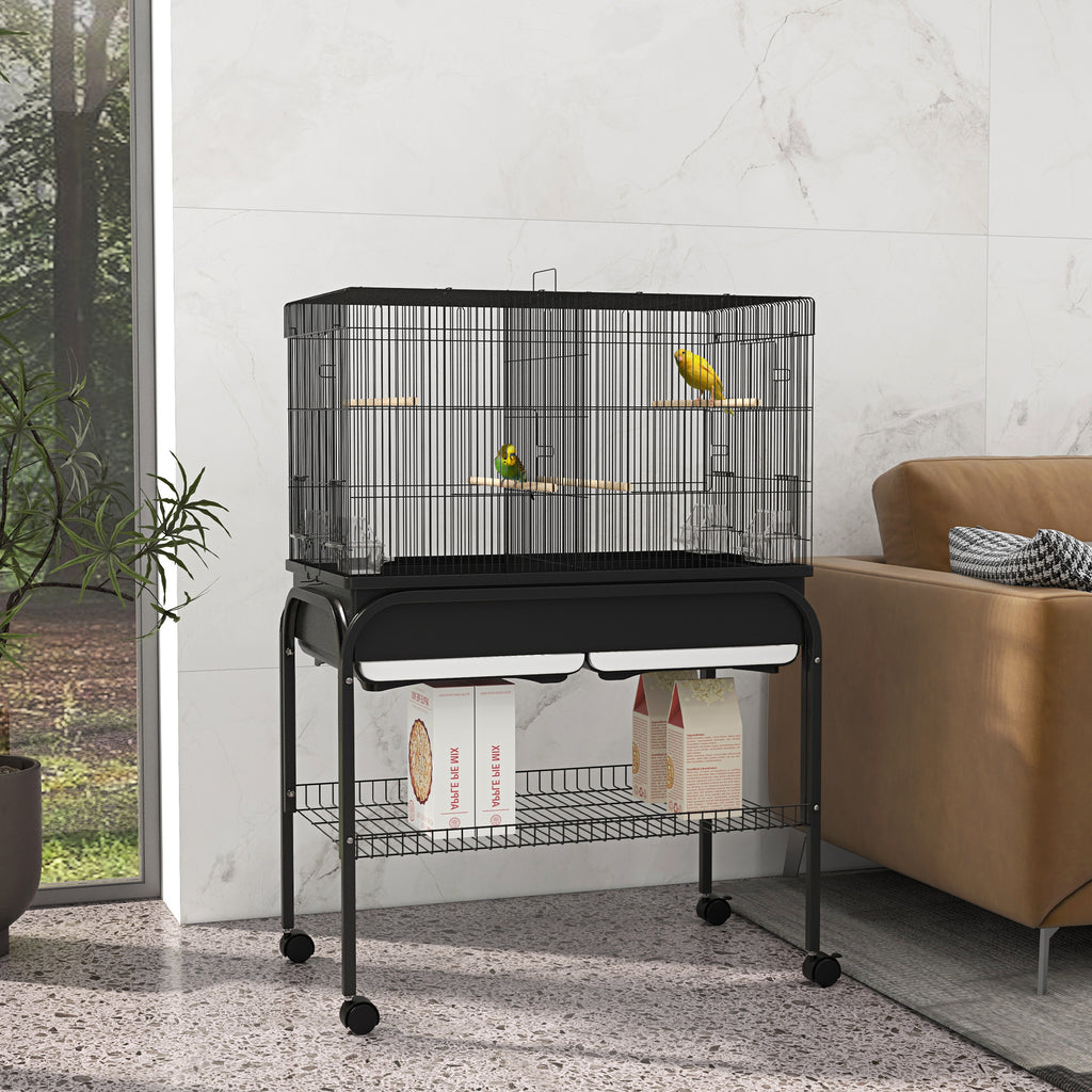 Jaula grande para pájaros y loros con soporte y ruedas, 85x49x119 cm, negra-9
