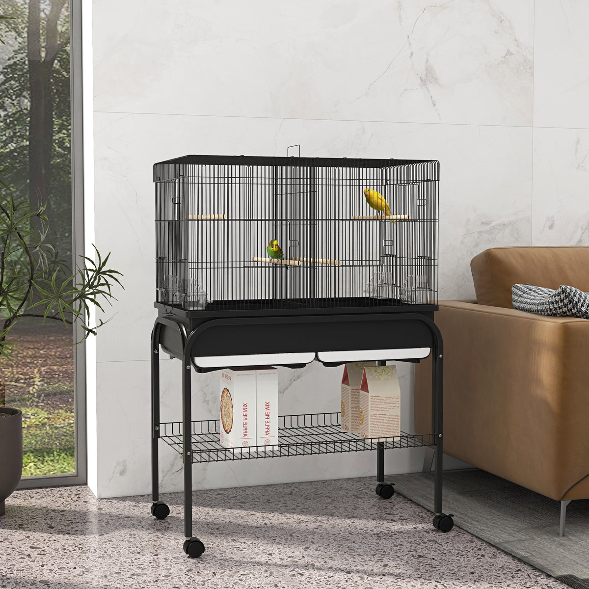 Jaula grande para pájaros y loros con soporte y ruedas, 85x49x119 cm, negra-9