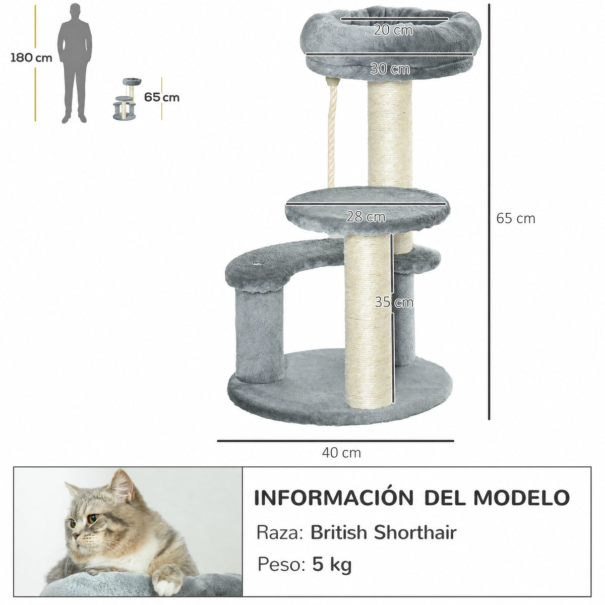 Árbol rascador para gatos con 3 plataformas y cuerda