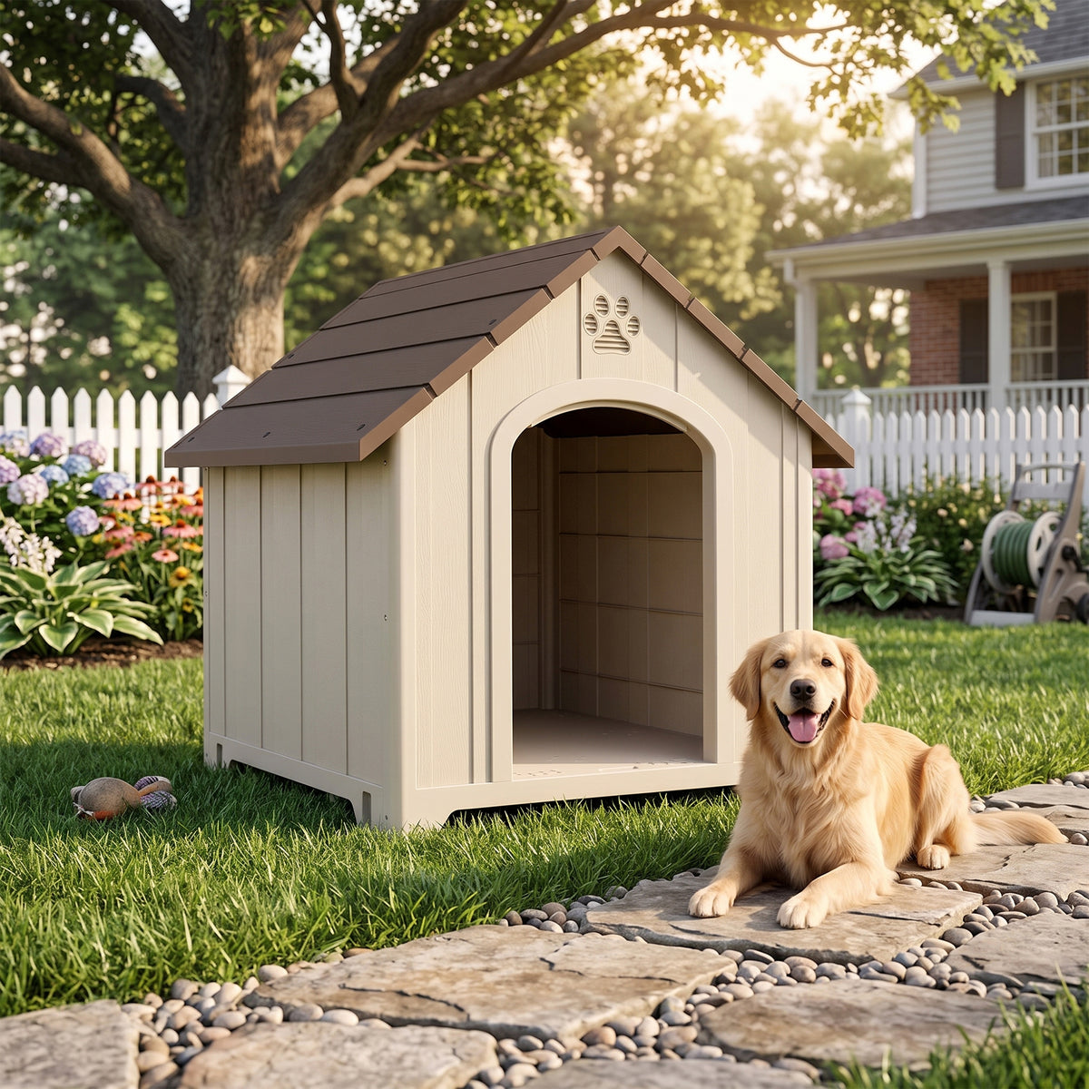 Caseta de plástico beige para perros grandes hasta 30 kg, 88x79x89 cm