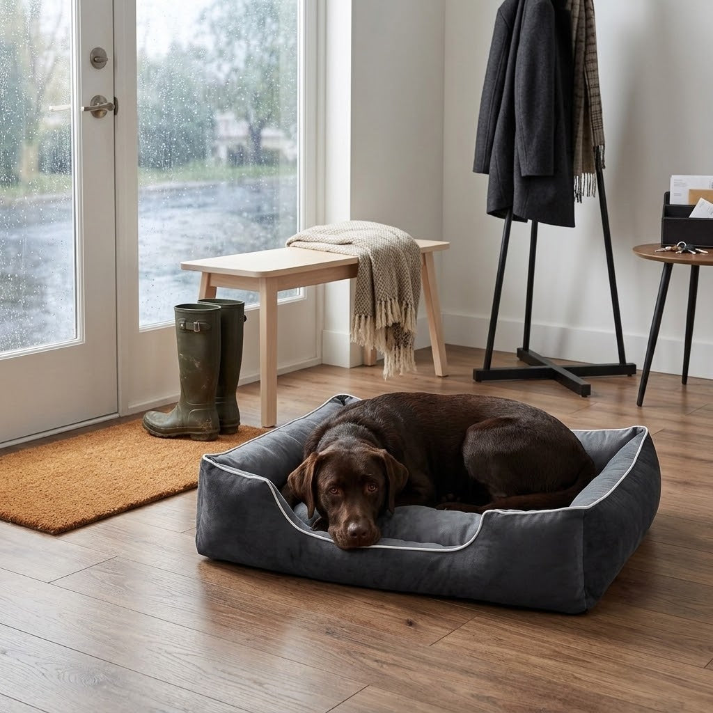 Cama impermeable para perros en recibidor moderno con botas de lluvia