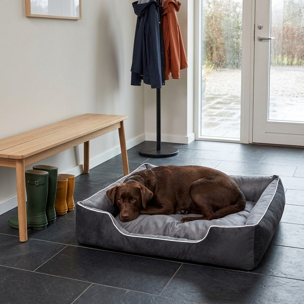Cama impermeable y desenfundable con labrador chocolate en recibidor