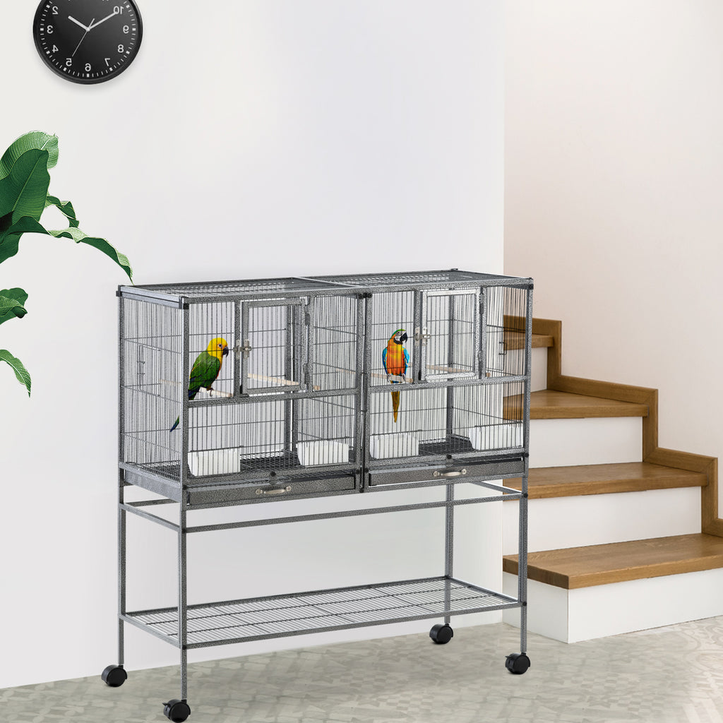 Jaula doble para pájaros con separador y ruedas, 95 x 45,5 x 102 cm