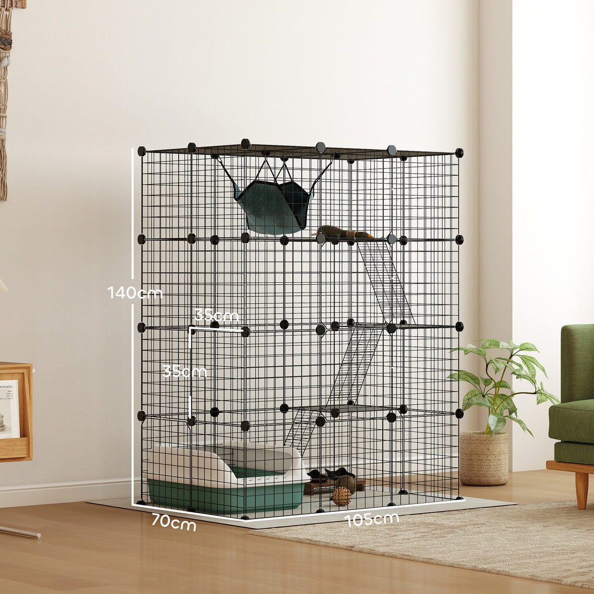 Parque modular de acero para gatos y conejos, 4 niveles