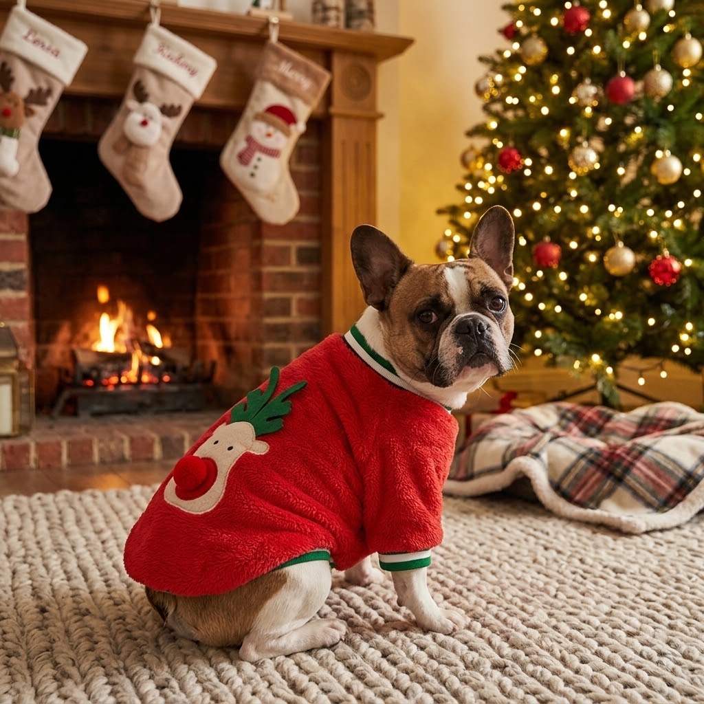 Bulldog francés con jersey navideño rojo de forro polar frente a la chimenea