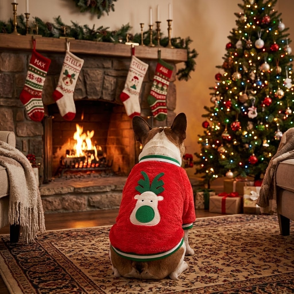 Perro con jersey navideño de forro polar junto a calcetines de Navidad y la chimenea
