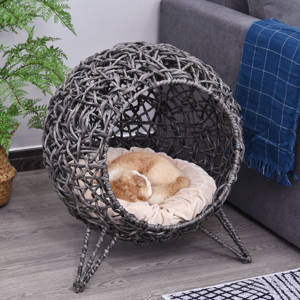 Cama cueva elevada de ratán para gatos con cojín, gris