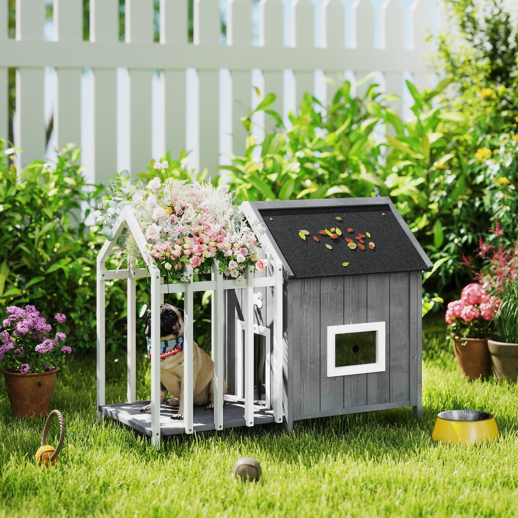 Caseta de madera con terraza y valla para perros pequeños, 106x62,5x80,5 cm