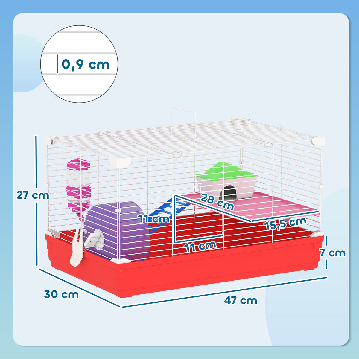 Cage hamster, cage rongeur à 2 niveaux, base amovible nettoyage facile, cabane, roue d'exercice, 47 x 30 x 27 cm, blanc-2