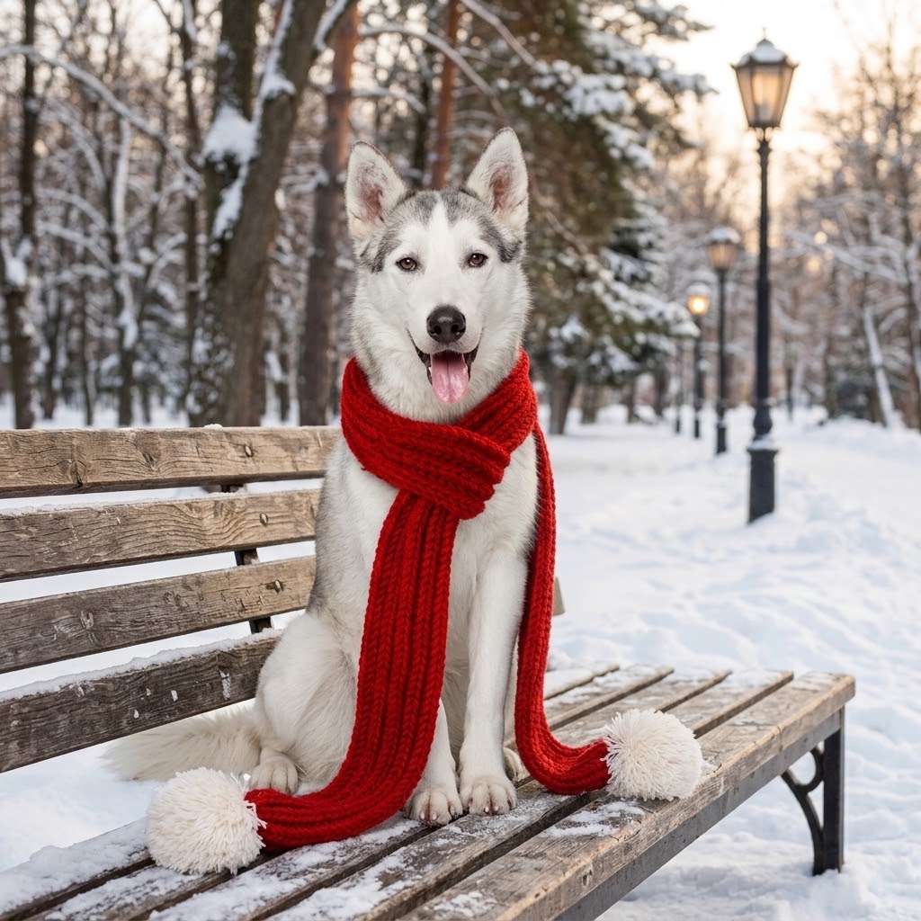 Husky con bufanda roja de punto sentado en un banco de un parque nevado