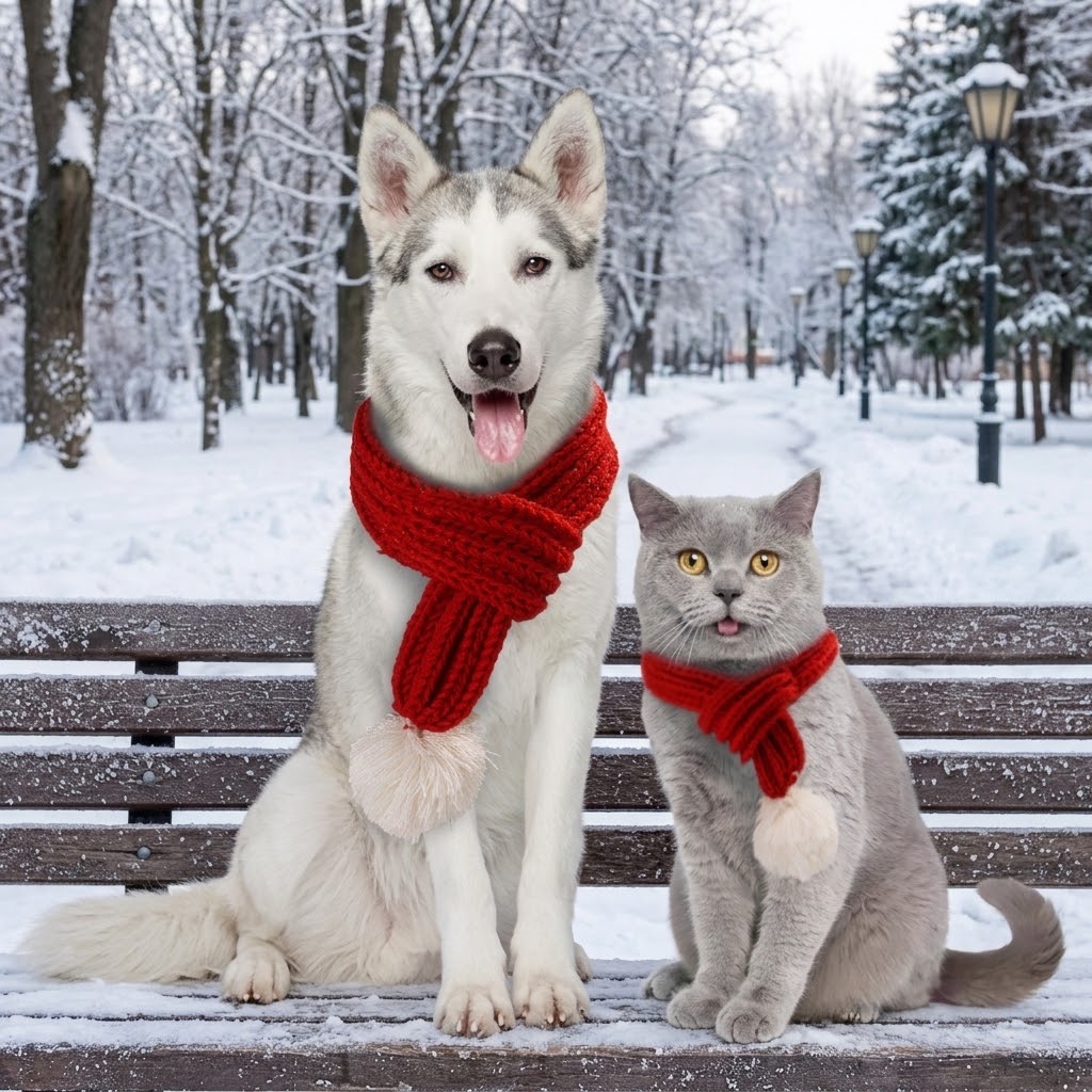 Perro y gato con bufandas rojas de punto en un parque nevado