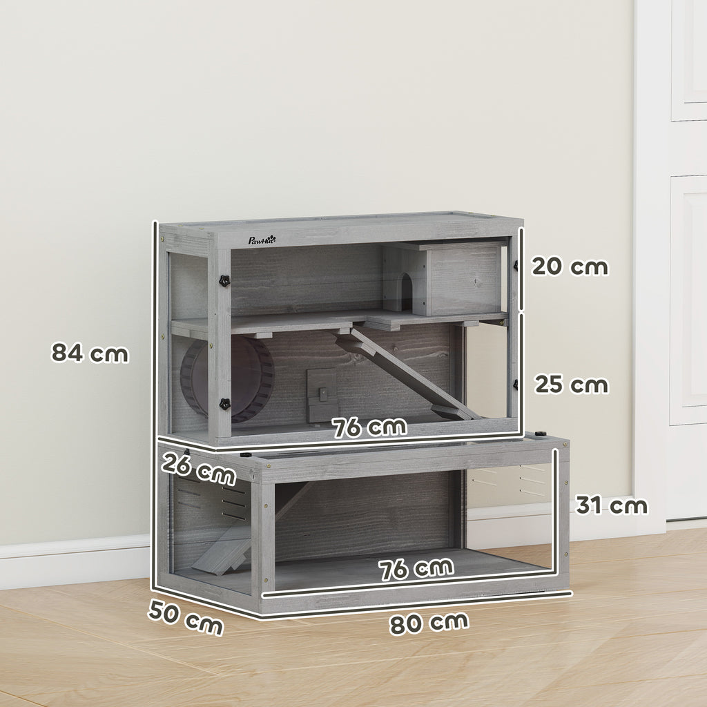 Jaula para hámster de madera 3 niveles con casita, rueda y rampas, 80x50x84 cm, gris-2