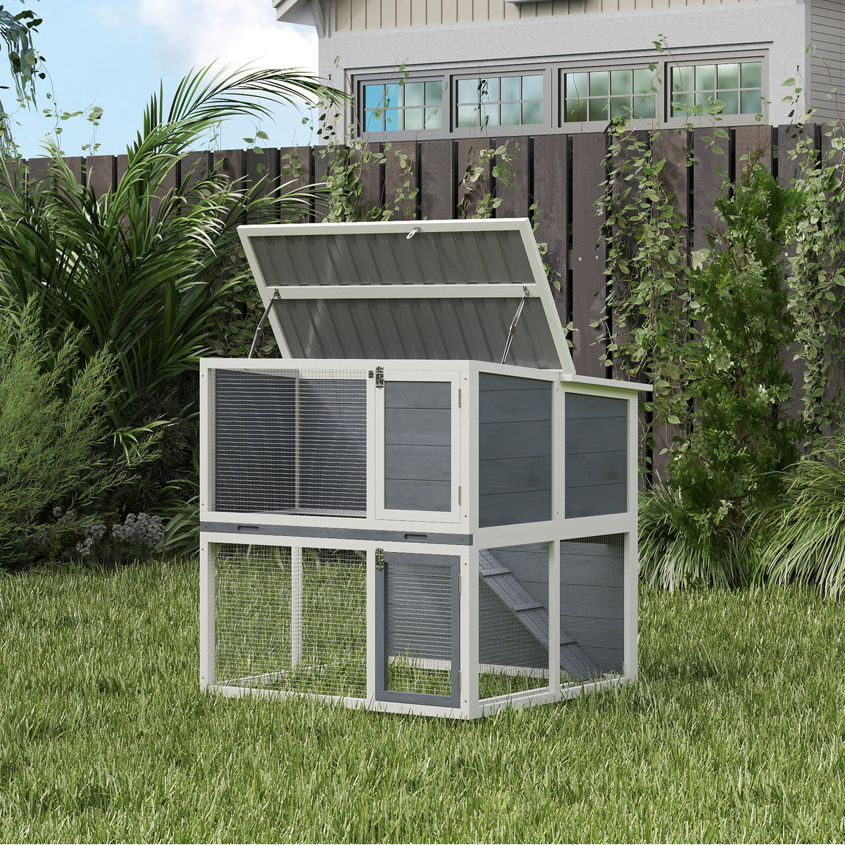 Conejera exterior de 2 niveles para conejos 98 x 95 x 102,5 cm