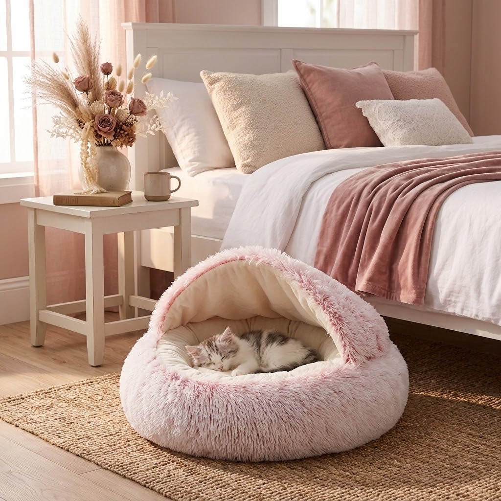 Cama mullida con forma de concha para perros y gatos junto a la cama