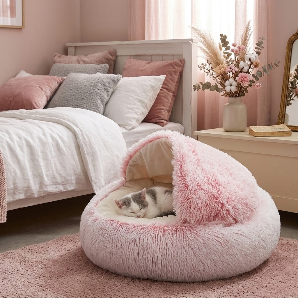 Cama mullida con forma de concha y gatito en dormitorio rosa