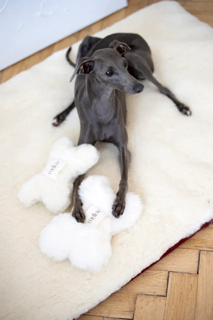 Juguete de piel de oveja en forma de hueso para perros