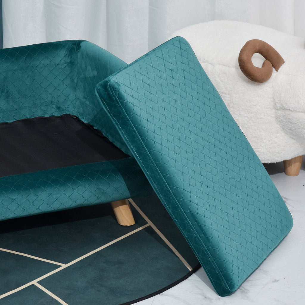 Sofá de terciopelo para perros pequeños con patas de madera, azul verdoso