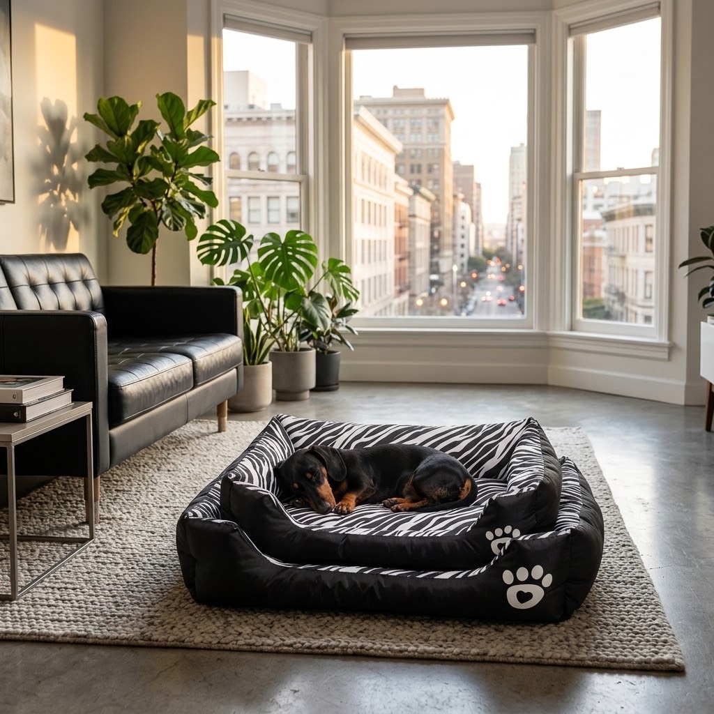 Cama nido rectangular para perros con vistas a la ciudad