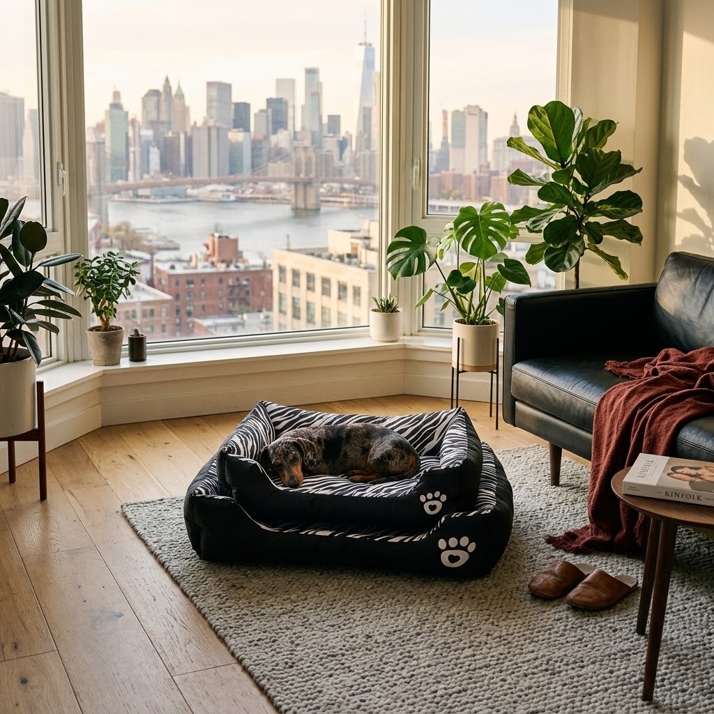 Cama nido rectangular de algodón con dachshund en apartamento urbano