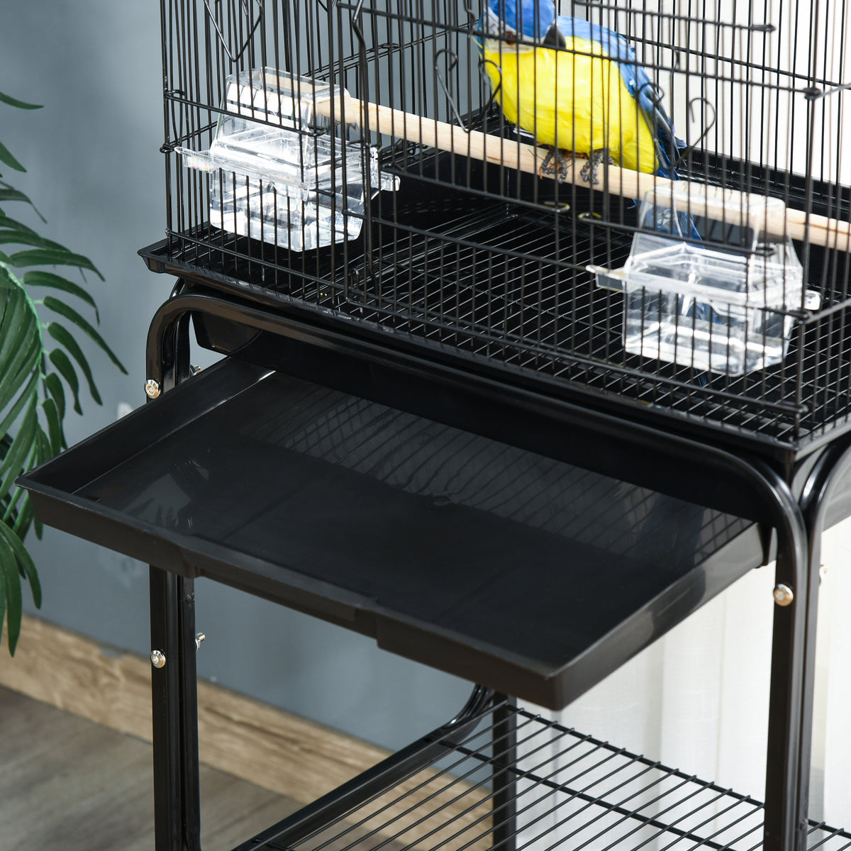Jaula para pájaros con soporte, ruedas y estante, 157 cm, negra