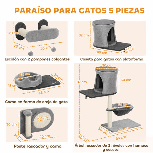 Árbol mural para gatos de 5 piezas con hamaca y rascadores